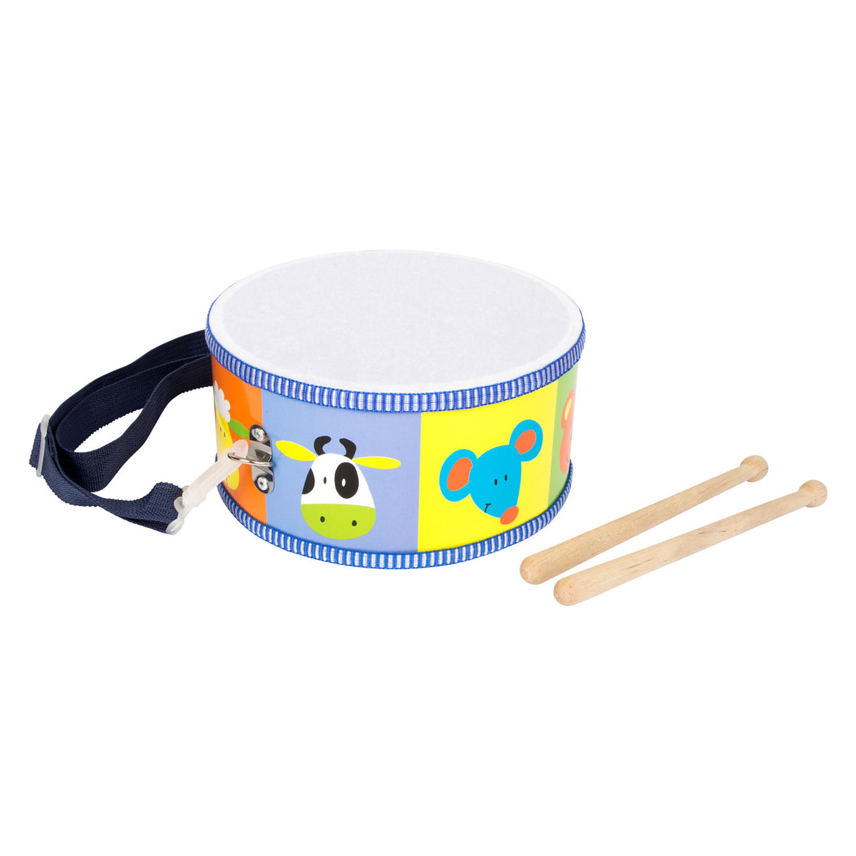 Small foot wooden drum animals with sticks, 3dlg.