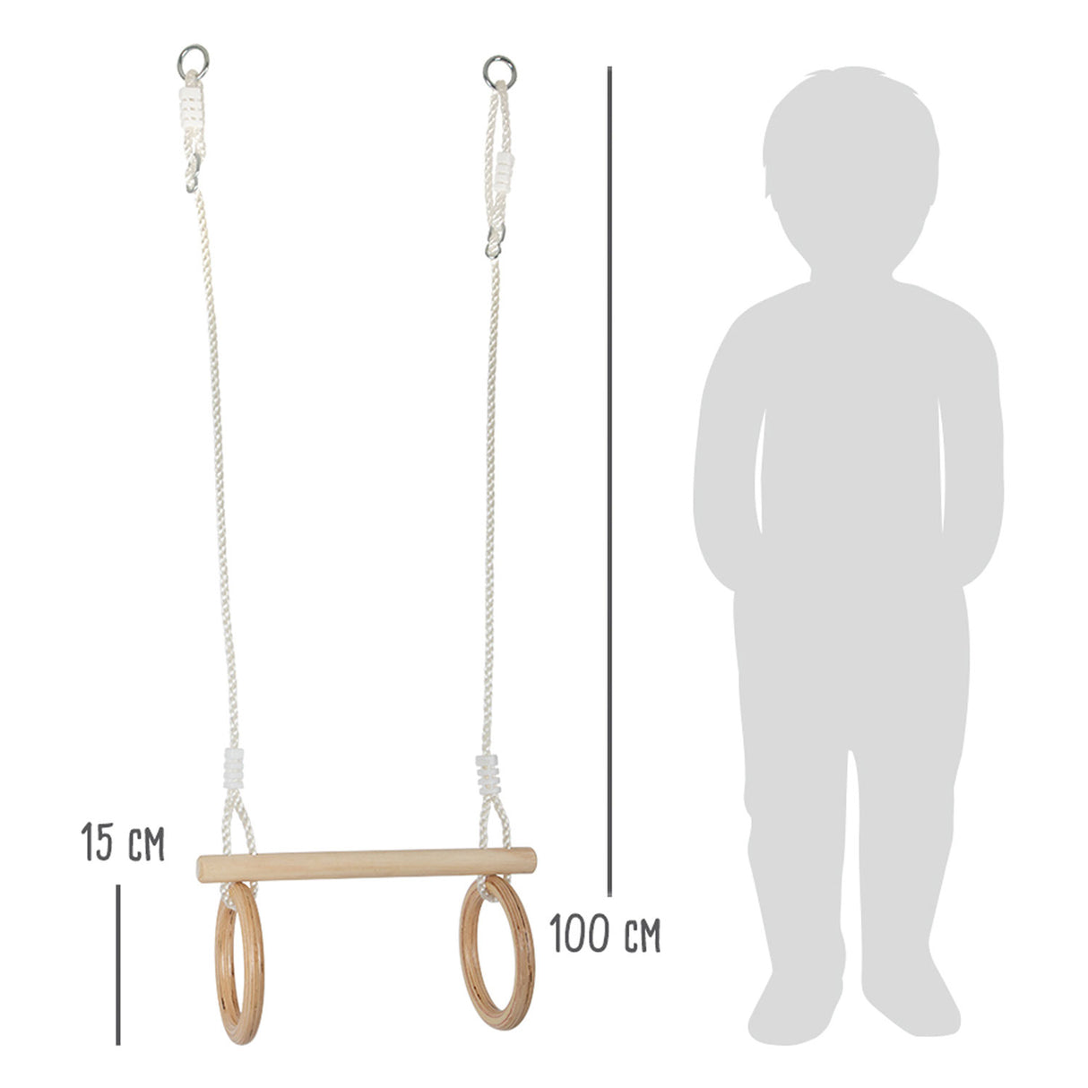 Trapezio in legno a piedi piccoli con anelli di ginnastica, 100 cm