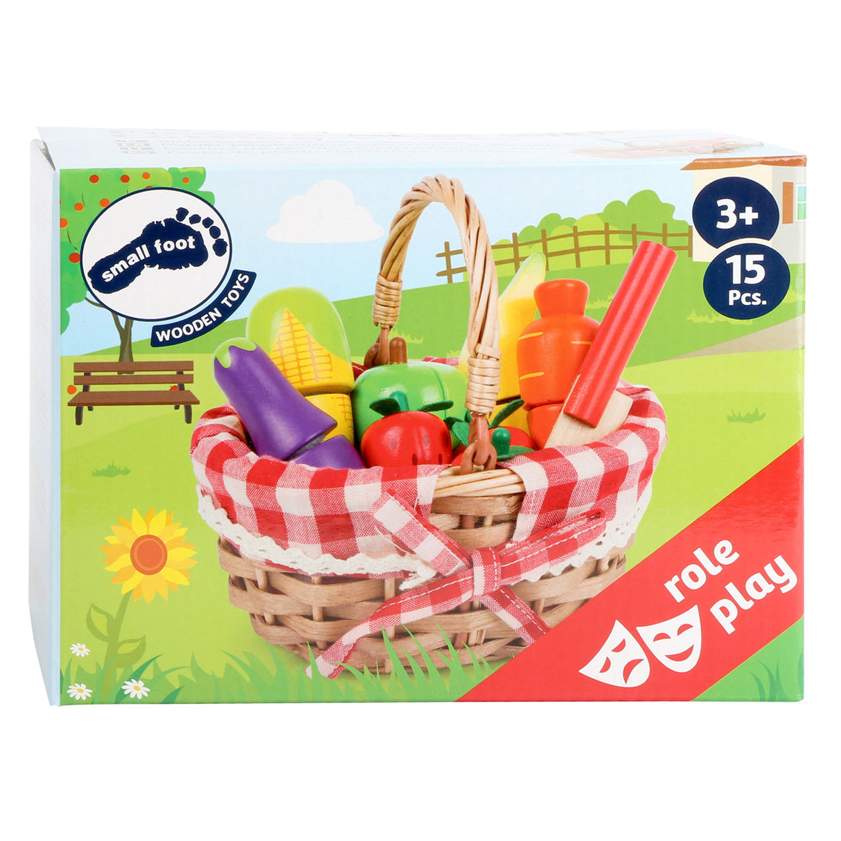 Small foot wooden picnic basket with cut fruit, 15dlg.