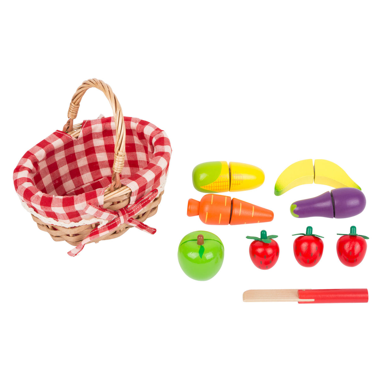 Small foot wooden picnic basket with cut fruit, 15dlg.