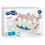 Small foot wooden crate with milk bottles, 12dlg.