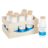 Small foot wooden crate with milk bottles, 12dlg.