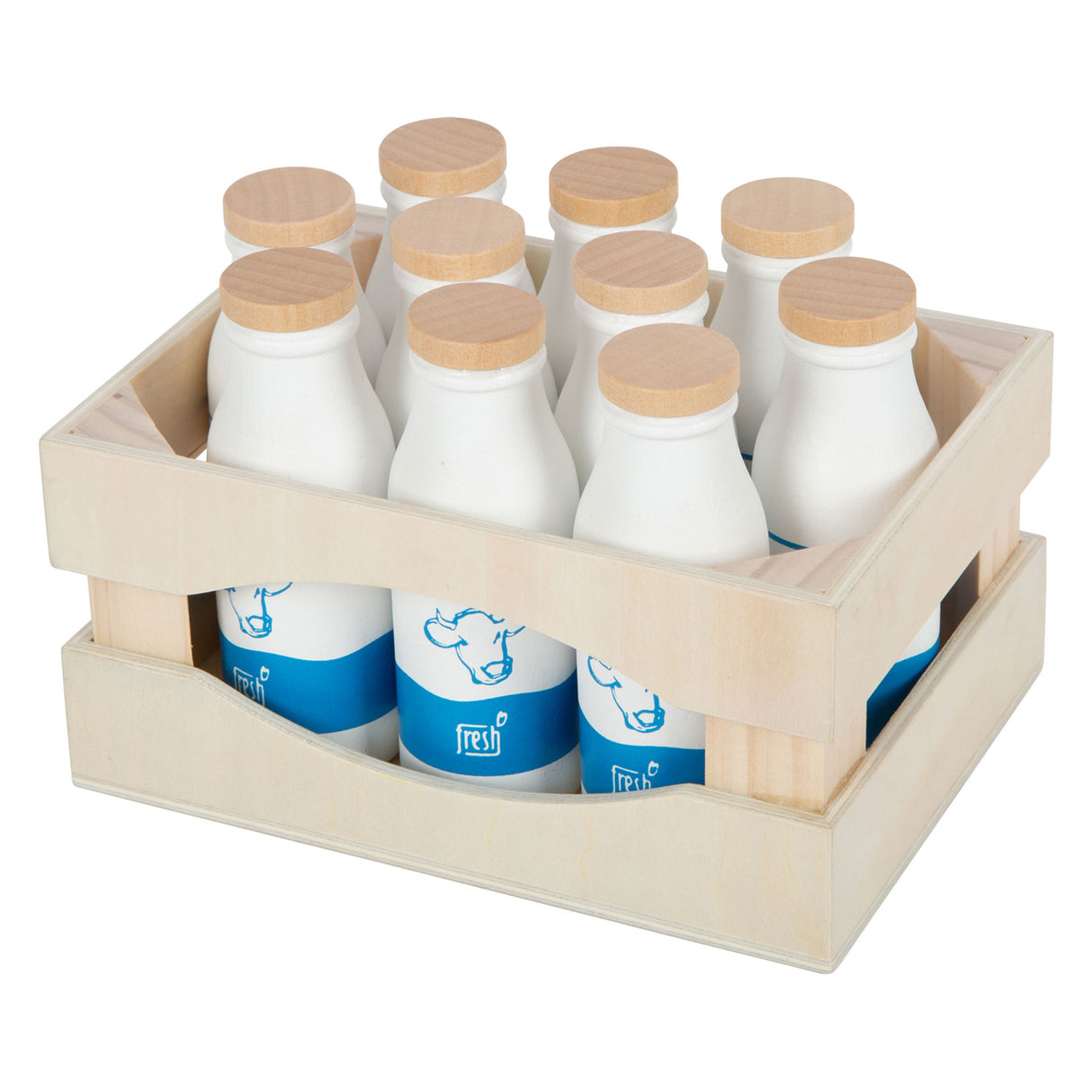 Small foot wooden crate with milk bottles, 12dlg.