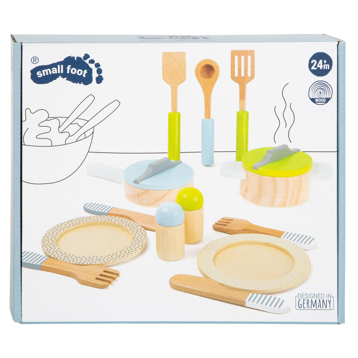 Small foot wooden cookery and service set, 15dlg.