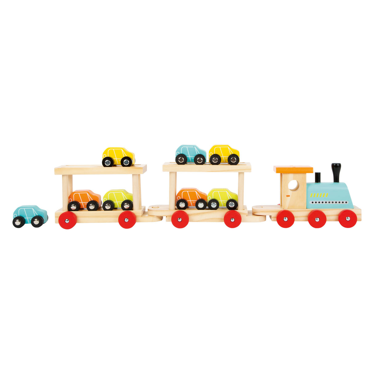 Small foot wooden train transporter with cars, 11dlg.