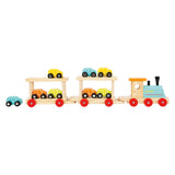 Small foot wooden train transporter with cars, 11dlg.