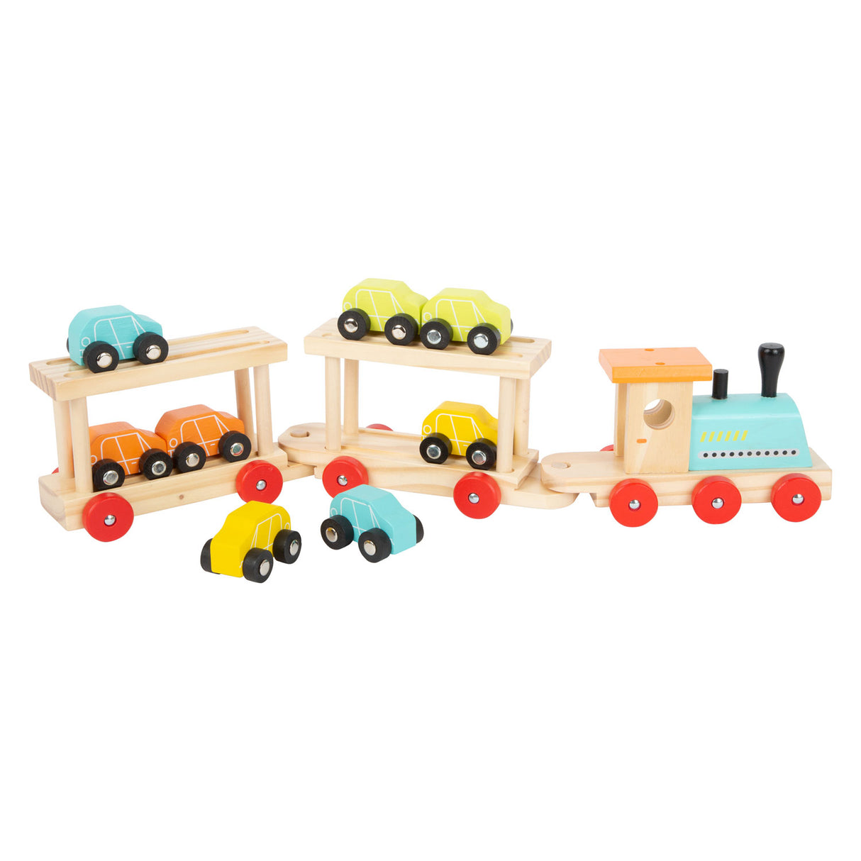 Small foot wooden train transporter with cars, 11dlg.