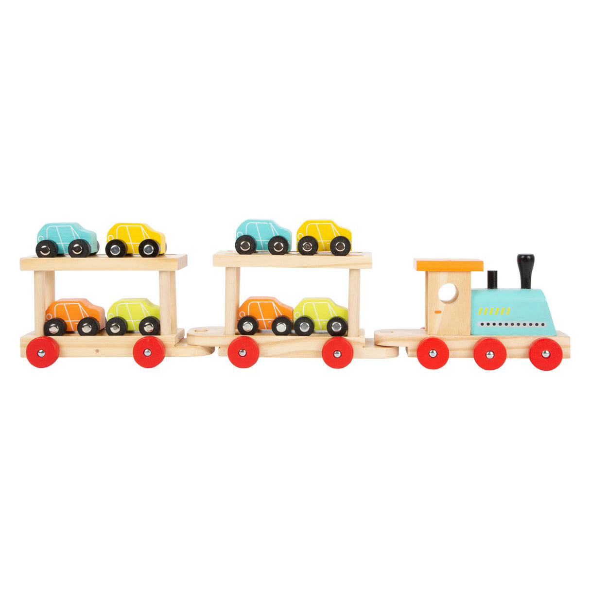 Small foot wooden train transporter with cars, 11dlg.