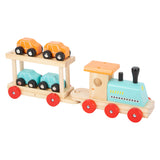 Small foot wooden train transporter with cars, 11dlg.