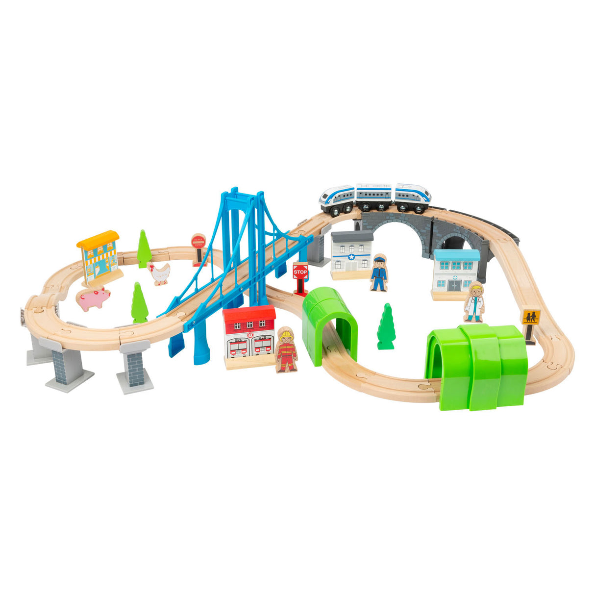 Small foot wooden train set with bridge, 60dlg.