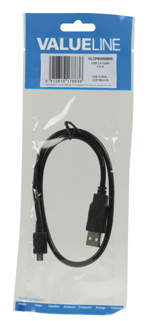 Valuelin VLCP60500B05 USB 2.0 USB A MALE - USB MICRO B MALER Kabel 0,50 m Schwarz