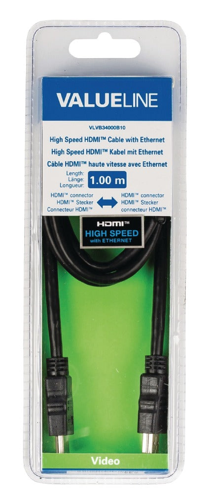 Valueline VLVB34000B10 Hochgeschwindigkeit HDMI-Kabel mit Ethernet-HDMI-Stecker-HDMI-Anschluss 1,00 m Schwarz