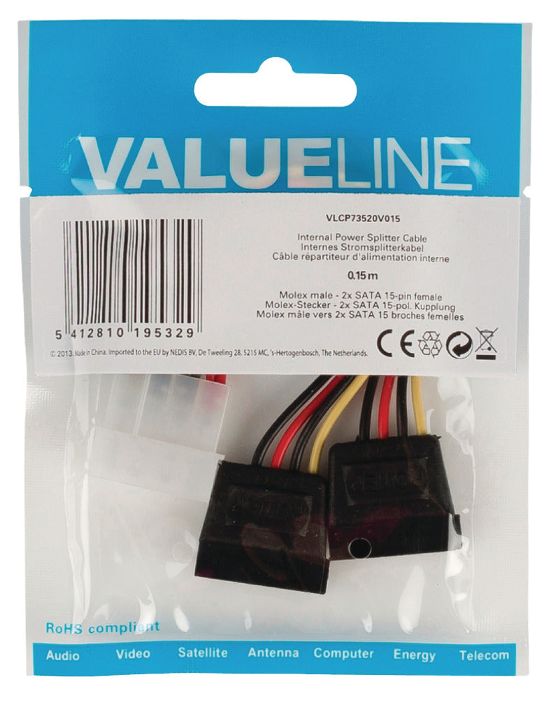 Valueline Valueline VLCP73520V015 Intern Stroom Splitter Kabel Molex Mand 2x SATA 15-PIN KVINDE 0,15 M Multicolour Farvet