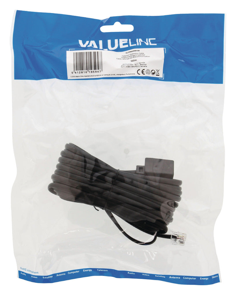 Valuelin Valueline VLTP90205B100 Telecom Extension Cable RJ11 Männlich RJ11 Frau 10,0 m Schwarz