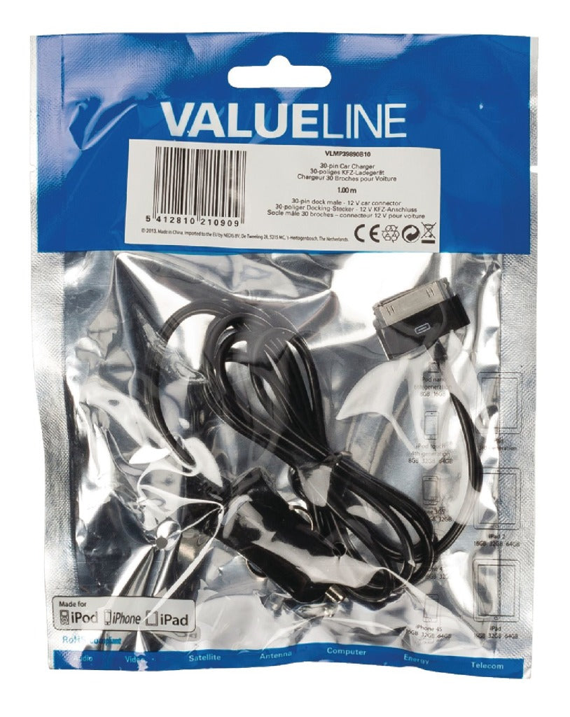 VALULINE VLMP39890B10 30 pin Auto-Carger 30 pin Dock Male-12V Connessione auto 1,00 M Nero 2.1A