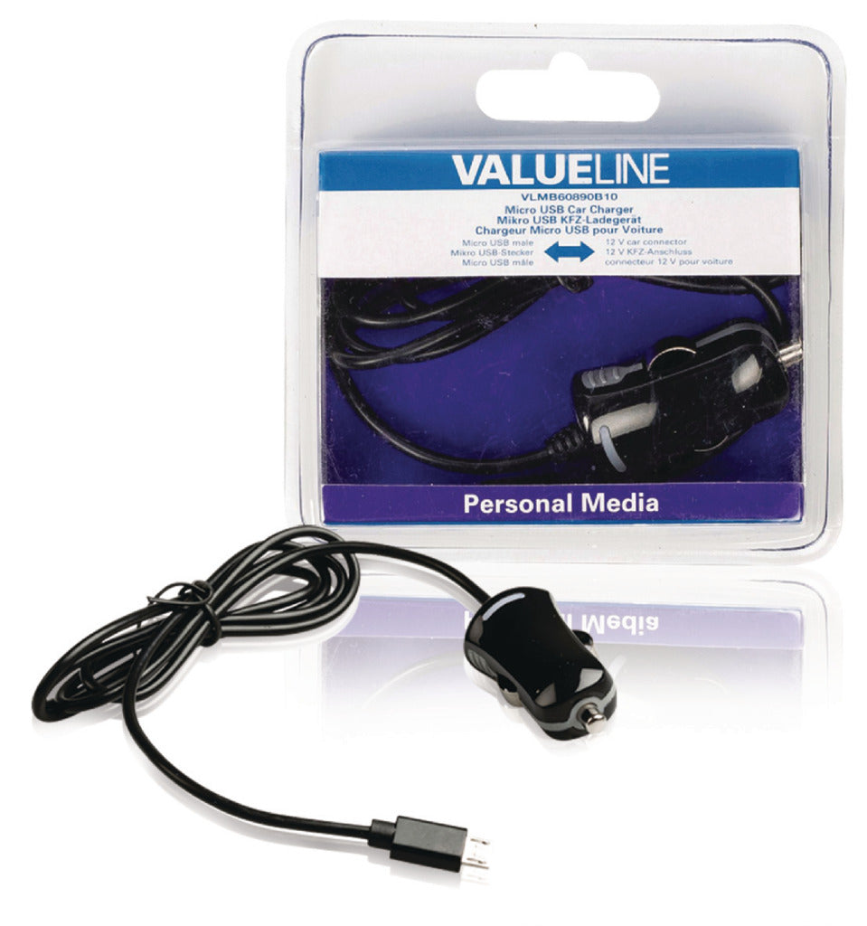 Valueline Valueline VLMB60890B10 Micro-USB Cargador de automóvil Micro USB Macho 12V Conexión de automóvil 1.00 M Negro 2.1A