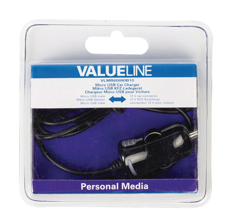 Valueline vlmb60890b10 micro-usb-autolader micro usb male - 12v autoaansluiting 1,00 m zwart 2.1a