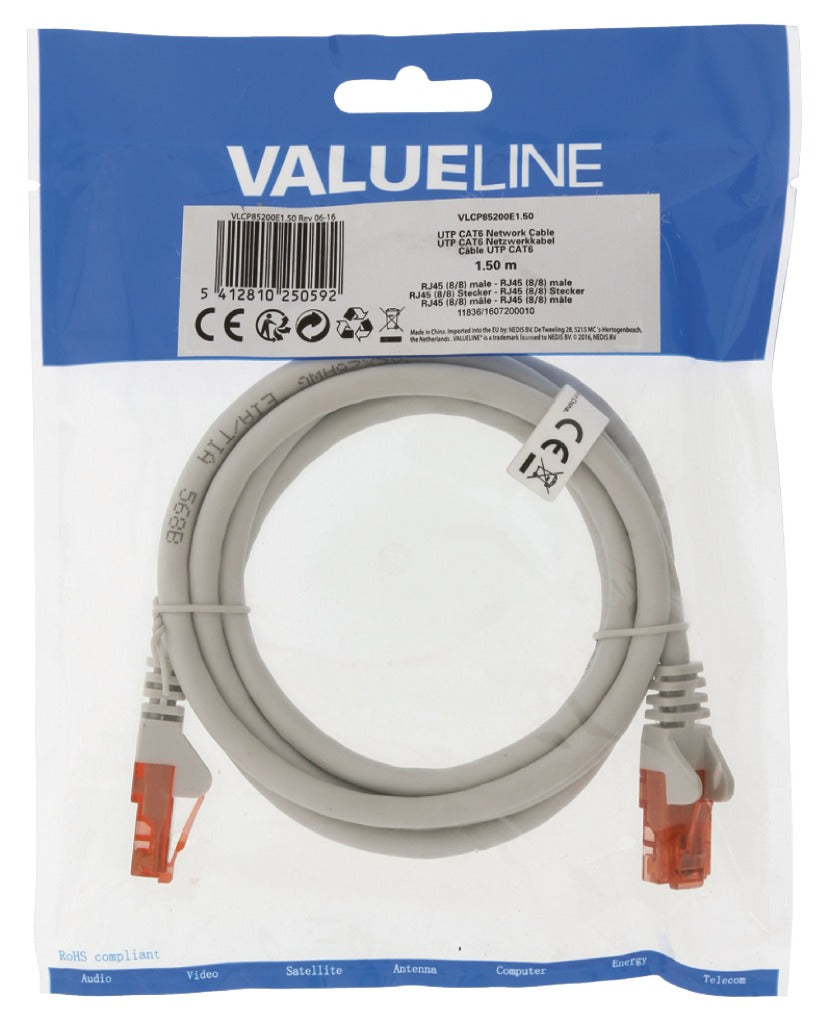 VALUELINE VLCP85200E1.50 CAT6 UTP Network Cable RJ45 (8 8) Moški - RJ45 (8 8) Moški 1,50 m siva