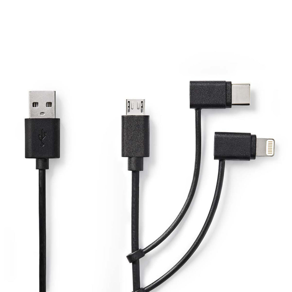 NEDIS CCGP60620BK10 3-en-1 Cable de sincronización y carga USB-A-Micro B Male-C Masculino Apple Lightning 8 pines Macho 1.0 M Negro