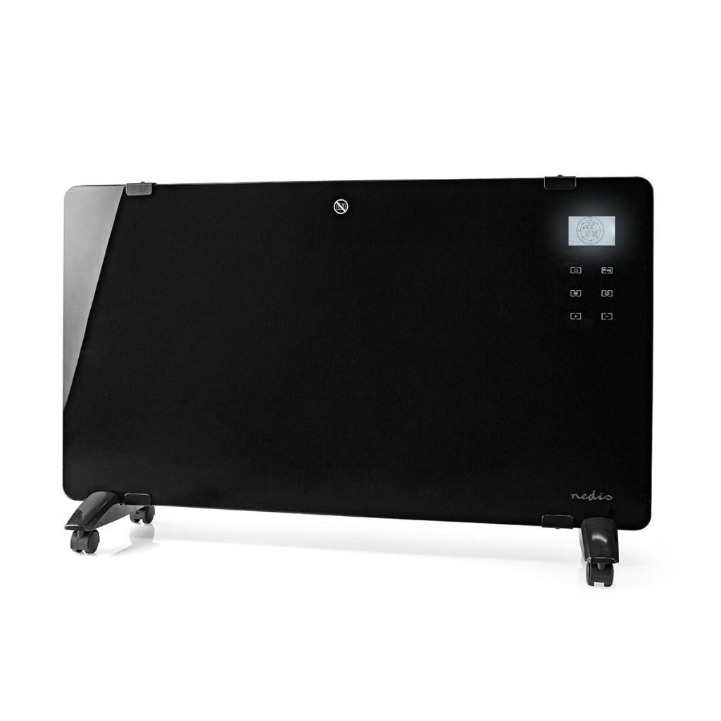 NEDIS HTPL20FBK Panel de vidrio Convector de estufa Termostato LCD Pantalla 2 Panel de calefacción Montaje de pared de pie 2000 W Negro