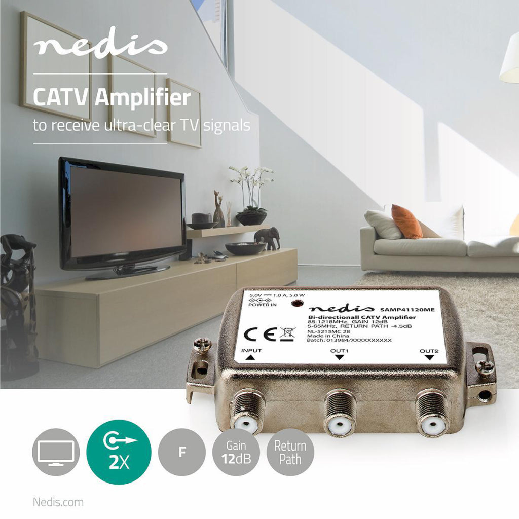 Nedis SAMP41120ME CATV amplifier max. 9 dB reinforcement 85 - 1218 MHz 2 outputs Retour channel -4.5 db 5 - 65 MHz F