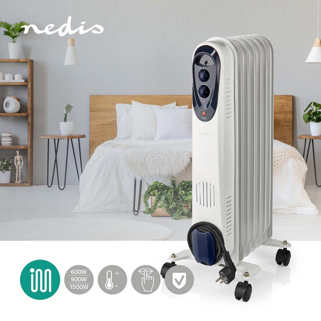 Nedis HTOI30WT7 Mobiler Ölkühler 600 900 1500 W 7 Flossen Einstellbare Thermostat 3 Wärmepositionen Omvalveventie Wit