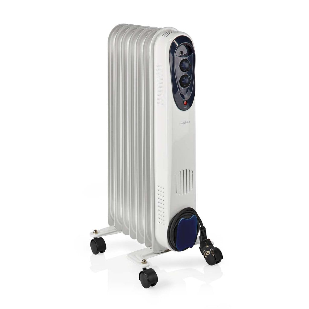 Nedis HTOI30WT7 Mobile oil radiator 600 900 1500 W 7 fins adjustable thermostat 3 heat positions Omvalveventie Wit