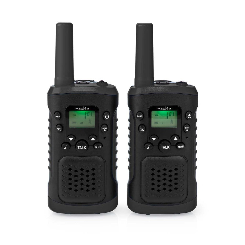 Nedis wltk0610bk walkie talkie set 2 portatili fino a 6 km canali di frequenza: 8 ptt vox a 3 ore di uscita cuffia 2 cuffie nere