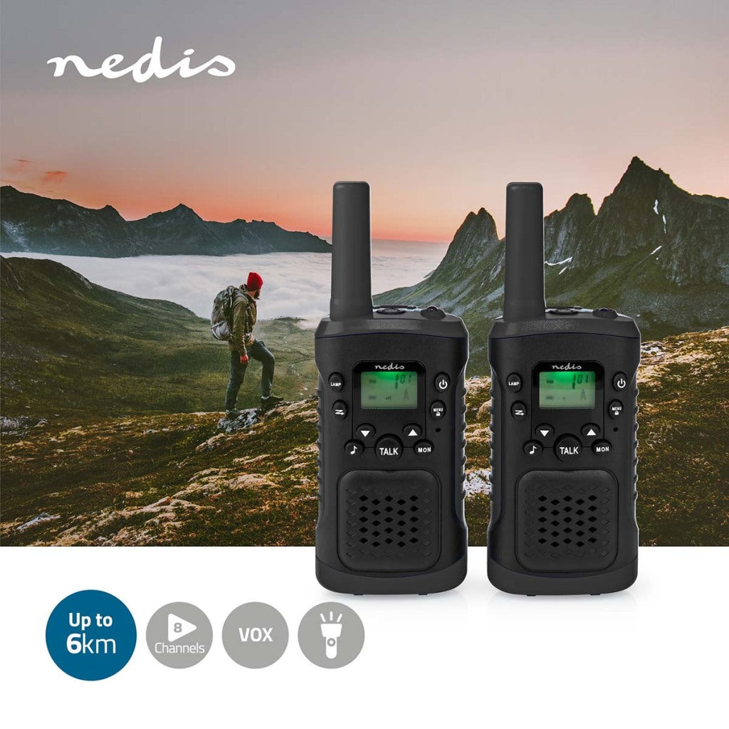 NEDIS WLTK0610BK WALKIE TALKIE SET 2 PNOLGOS DE UNA DE FRECUENCIA DE UTIO A 6 KM: 8 PTT VOX a 3 horas de salida de auriculares 2 auriculares negros