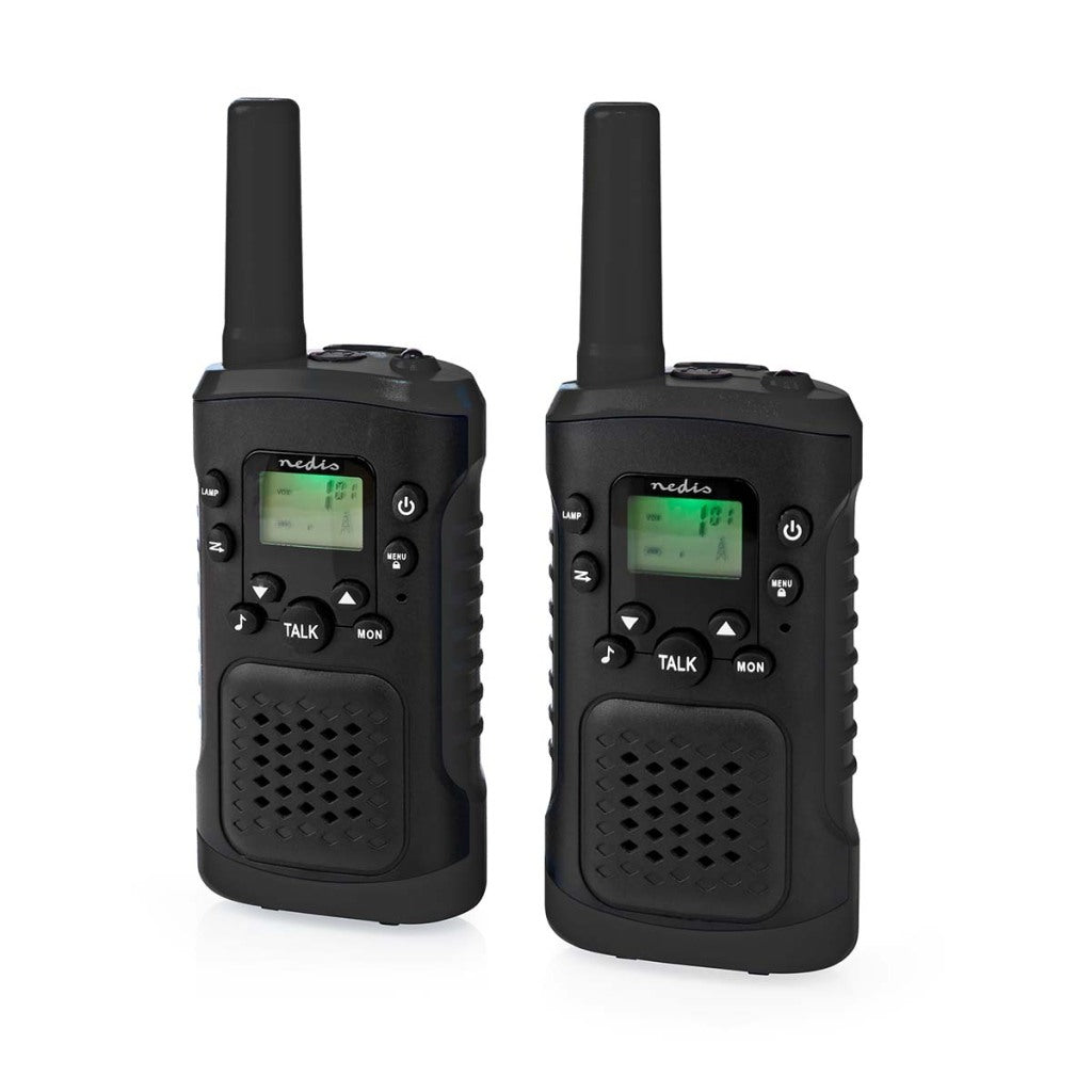 Nedis WLTK0610BK Walkie Talkie Ustaw 2 telefony do 6 km Kanały częstotliwości: 8 PTT VOX do 3 godzin wyjściowych słuchawek 2 słuchawki Czarne