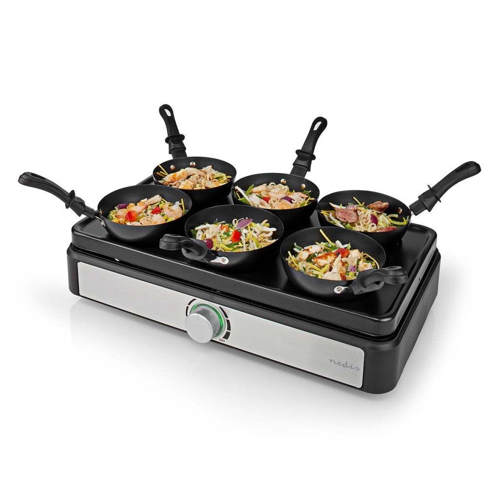 Nedis fcra310fbk6 party wokset grill 6 personen spatel temperatuurinstelling anti-aanbak laag rechthoek