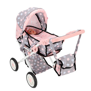 Poppenwagen 2 in 1 grijs roze 66,5x37x69 cm