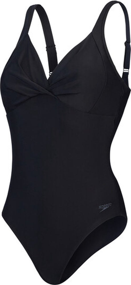 Speedo shaping cross knot 1 piece dames sportbadpak - corrigerend badpak dames - zwempak dames met uitneembare cups - sportbadpak dames met hartvormige halslijn en verstelbare bandjes - zwart - 48