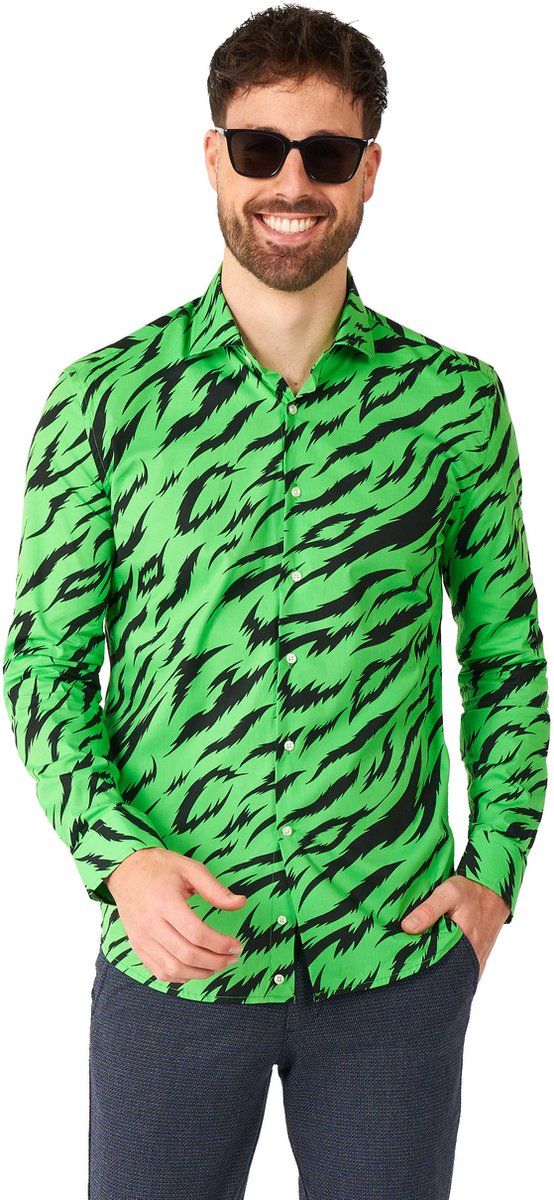 Opposuits shirt - wild animal - heren overhemd - carnavalskleding - neon groen shirt - groen - maat: l