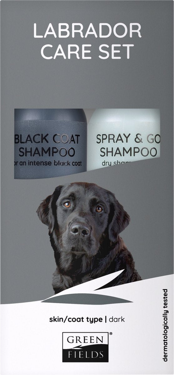 Greenfields vacht verzorgingsset voor labrador - black coat shampoo en spray go droogshampoo 250ml