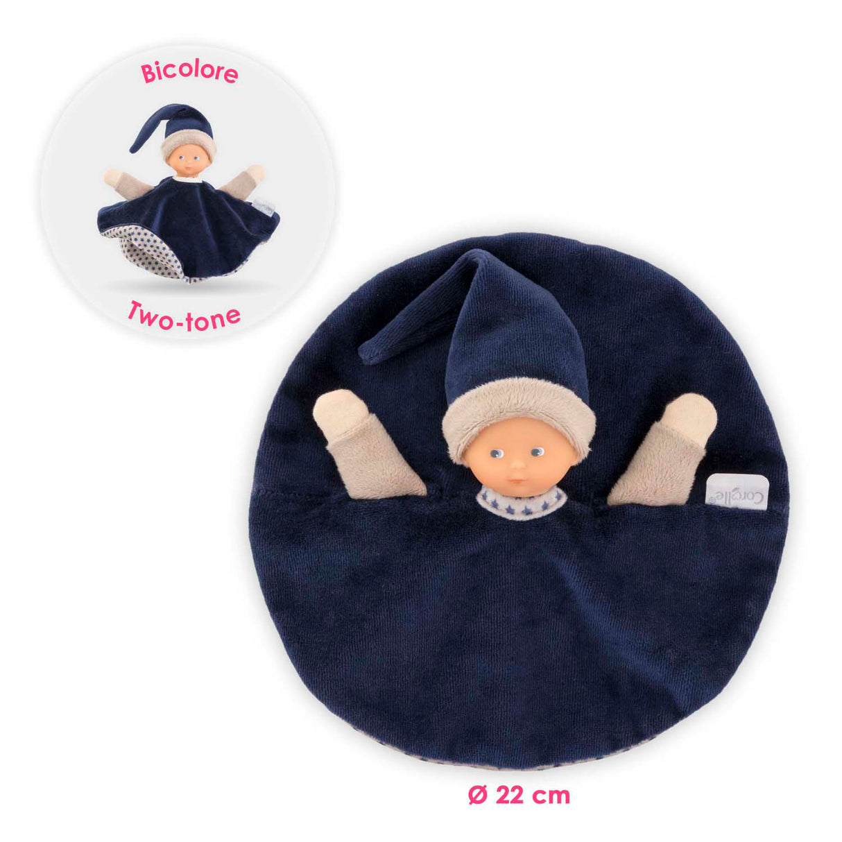 Corolle knuffeldoek - marineblauw babydoekje 17cm - zacht speelgoed.
