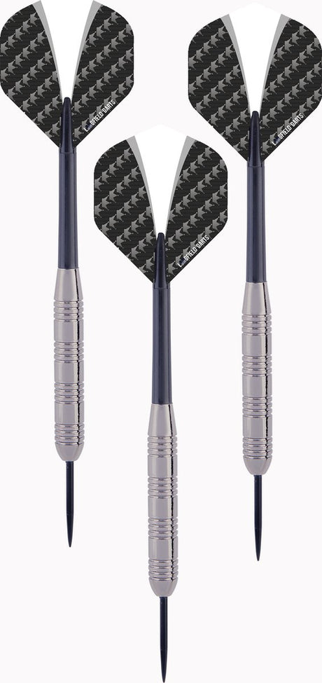 Engelhart darts tungsten look set 23 g – 3 steeltip dartpijlen – tungsten look barrel – nylon shaft – wit zwarte flight – inclusief etui – longfield