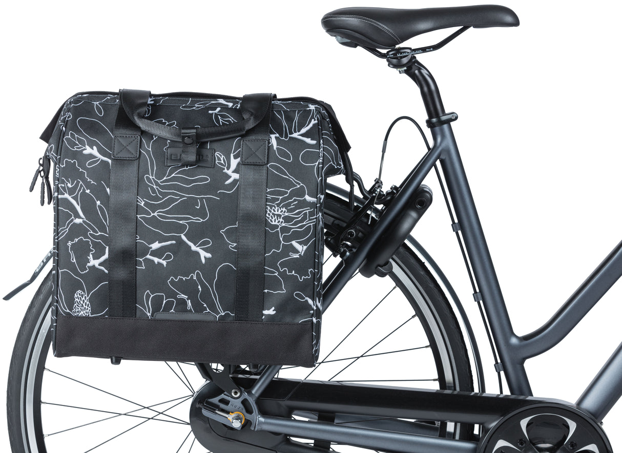 Basil Grand Flower fietsshopper - zwarte waterafstotende tas met laptopvak - 23L