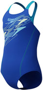 Speedo medley logo medalist meisjes sportbadpak - badpak meisjes met stretch - vormvast zwempak meisjes - sportbadpak meisjes met medalist-bandjes - blauw paars - 140