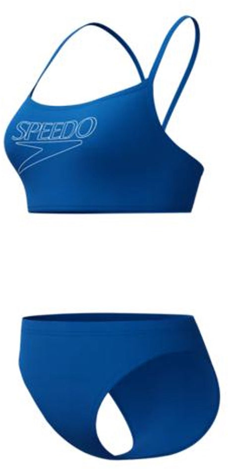 Speedo endurance logo thin strap 2 piece dames - kleurvaste bikini dames - chloorbestendige sportbikini dames - zwembikini dames met v-vormige bandjes - blauw wit - 40