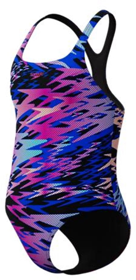 Speedo hyperboom print medalist meisjes sportbadpak - kleurvast badpak meisjes - chloorbestendig zwempak meisjes - sportbadpak meisjes met medalist-bandjes - zwart roze - 128