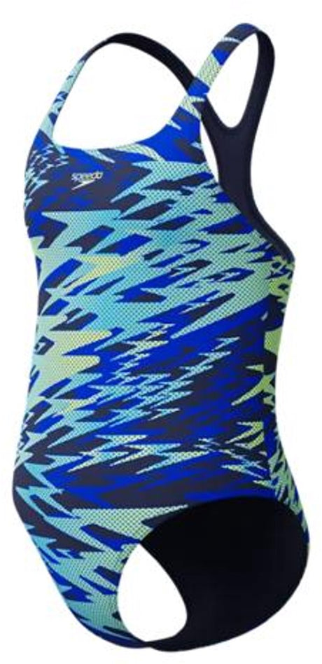 Speedo hyperboom print medalist meisjes sportbadpak - kleurvast badpak meisjes - chloorbestendig zwempak meisjes - sportbadpak meisjes met medalist-bandjes - marine groen - 164