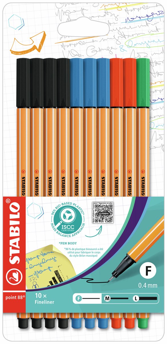 Stabilo point 88 - premium fineliner - 4 standaard kleuren - office etui met 10 kleuren