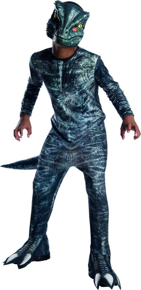Rubies - dinosaurus kostuum - jurassic world velociraptor dinosaurus kind kostuum - blauw, grijs - maat 128 - carnavalskleding - verkleedkleding 128