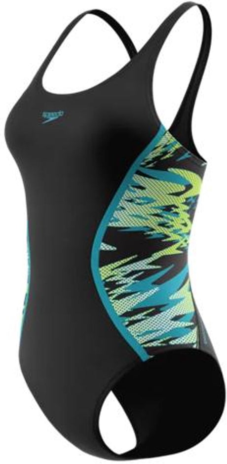 Speedo hyperboom splice muscleb 1p dames - chloorbestendig sportbadpak dames - kleurvast badpak dames - zwempak dames met muscleback - zwart groen - 46