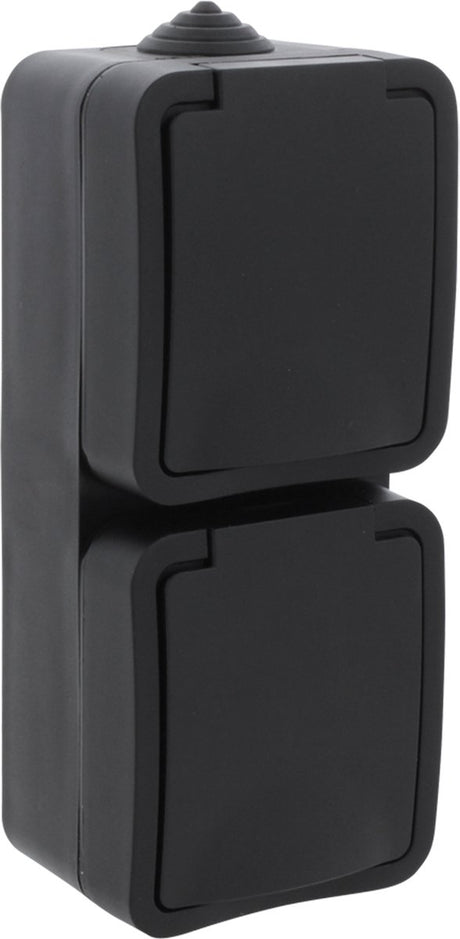Q-link contactdoos opbouw - 2-voudig stopcontact met randaarde - spatwaterdicht ip54 - verticale montage - geschikt voor binnen- en buitengebruik - kunststof - zwart