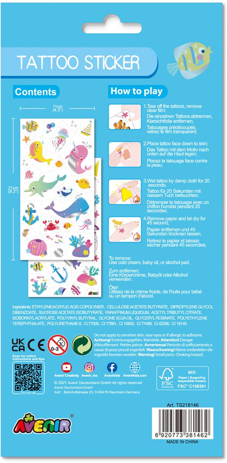 Avenir tattoo stickers - zeedieren - 52 stuks - blijft 3 tot 5 dagen - 3 jaar