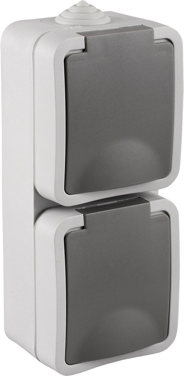 Q-link contactdoos - opbouw wandcontactdoos met randaarde - 2-voudig uitgevoerd - verticale montage - spatwaterdicht ip54 - geschikt voor binnen en buiten gebruik - kunststof behuizing - kleur grijs