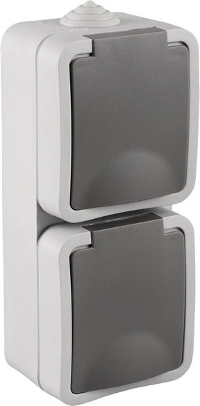 Q-link contactdoos - opbouw wandcontactdoos met randaarde - 2-voudig uitgevoerd - verticale montage - spatwaterdicht ip54 - geschikt voor binnen en buiten gebruik - kunststof behuizing - kleur grijs