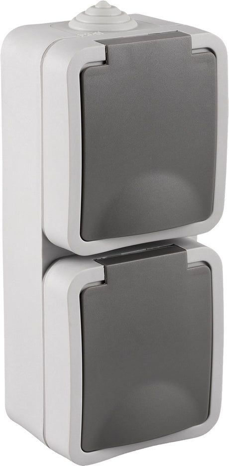 Q-link contactdoos - opbouw wandcontactdoos met randaarde - 2-voudig uitgevoerd - verticale montage - spatwaterdicht ip54 - geschikt voor binnen en buiten gebruik - kunststof behuizing - kleur grijs